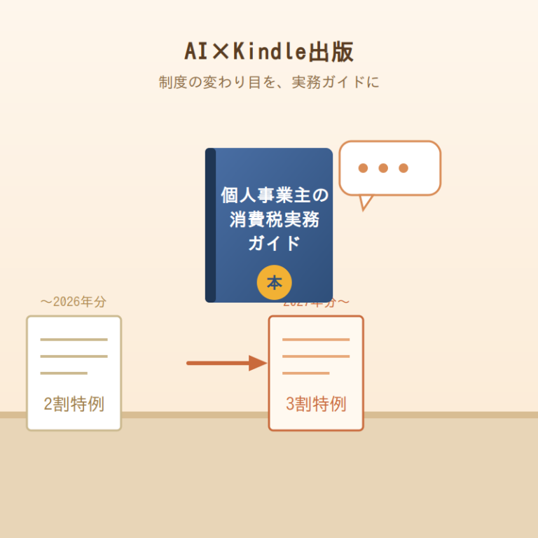 インボイス2割特例から3割特例への切り替えと、それをKindle実務ガイドにまとめるイメージイラスト