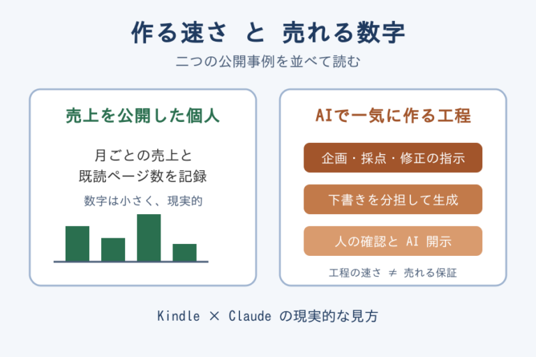 作る速さと売れる数字を並べた二つの公開事例のイラスト