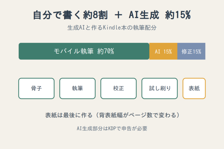 自分で書く約8割とAI生成約15%の執筆配分と、骨子から表紙までの工程を示すイラスト